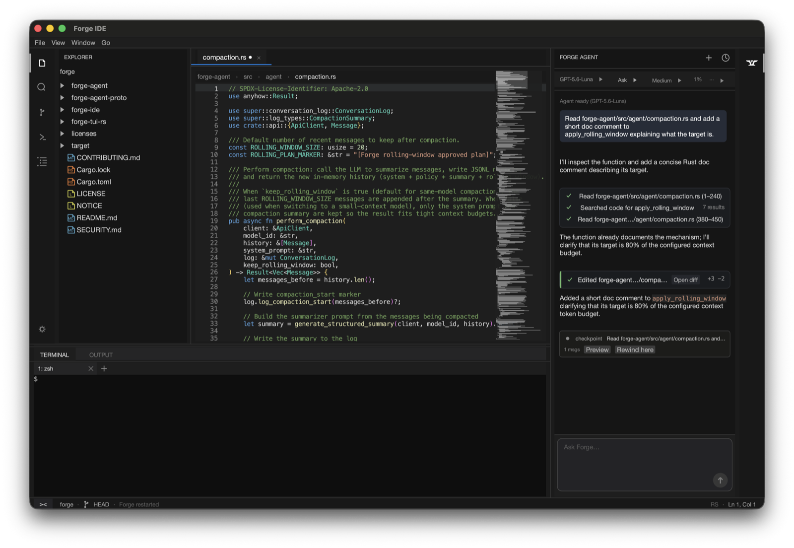Forge IDE editing forge-agent's compaction.rs on macOS. Left: file explorer showing the forge-agent, forge-agent-proto, forge-ide, forge-tui-rs workspace. Center: the compaction.rs source open in the editor. Right: the Forge Agent panel showing a documentation-comment task with Read, code-search, Read, and Edit tool calls, a checkpoint marker, and a +3 &minus;2 diff summary.